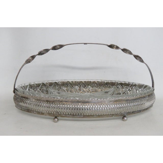 Queen Anne 1960s Mayell Queen Anne Divided Glass Dish on Footed Silver Plated Handled Stand For Sale - Image 3 of 15