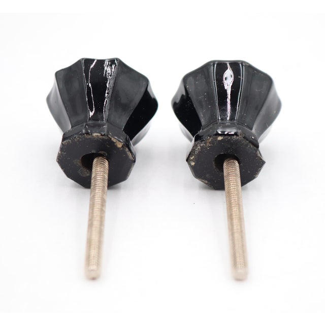 Pair of Vintage 1 In. Fluted Black Glass Cabinet Knobs For Sale - Image 4 of 4