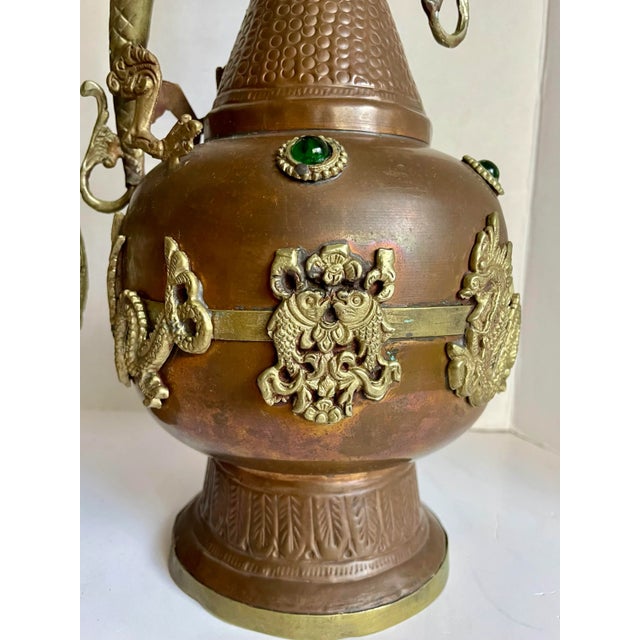 Pair of Antique Asian Tibetan Copper Brass Dragon Vases For Sale - Image 9 of 12