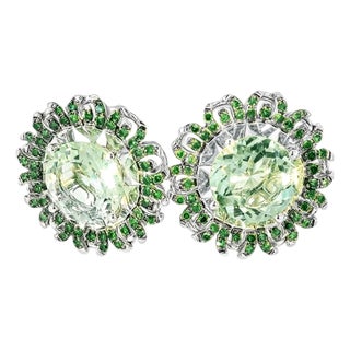 Mid 20th Century 14k White Gold Green Amethyst Diamond Sunflower Earrings, Pair For Sale
