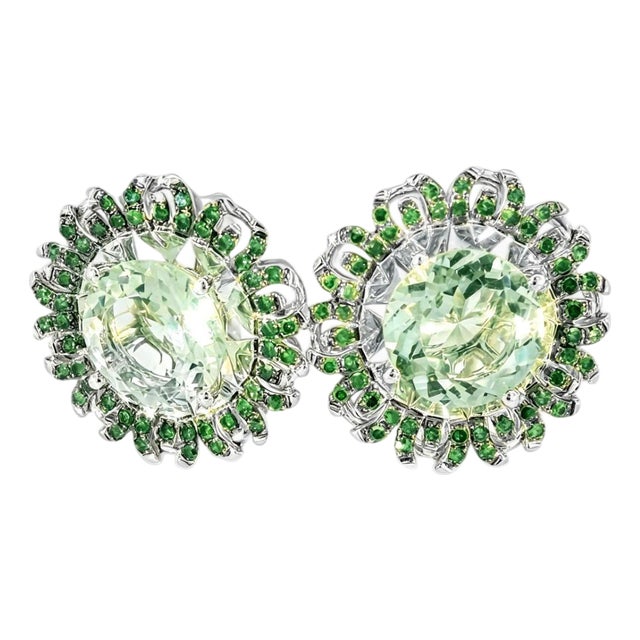 Mid 20th Century 14k White Gold Green Amethyst Diamond Sunflower Earrings, Pair For Sale