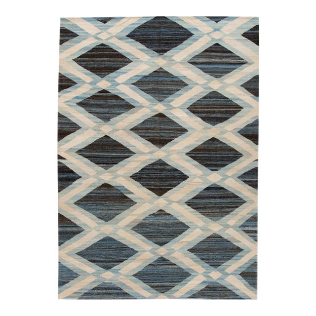 9 X 12 Modern Geometric Flatweave Handmade Blue Wool Rug For Sale