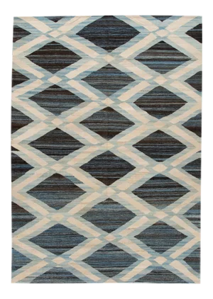 9 X 12 Modern Geometric Flatweave Handmade Blue Wool Rug