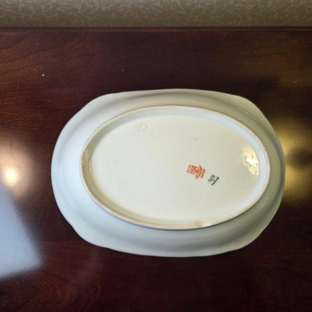 Ceramic Antique Elite Works Limoges 10" Oval Serving Bowl - Gilded Scrolls & Celadon Dot Border For Sale - Image 7 of 15