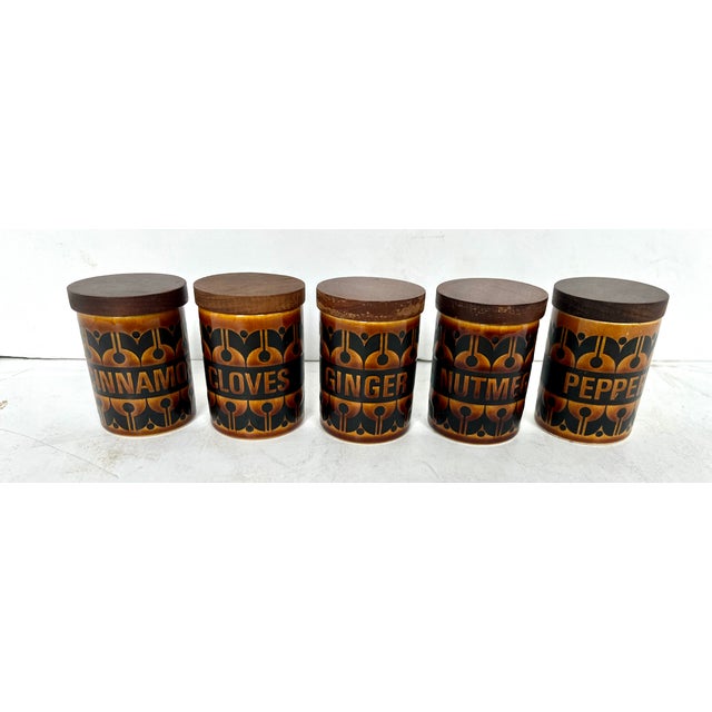 Popular mid-century British pottery. Set of five Hornsea spice jars - Cinnamon, Cloves, Ginger, Nutmeg, and Peppercorns....