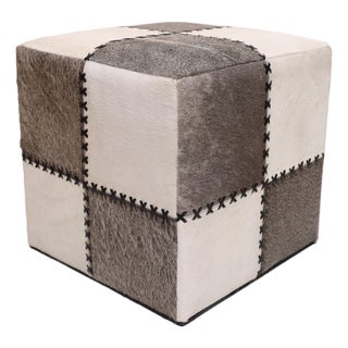 Handmade Cowhide Leather Patchwork Ottoman Pouf With Cross Stitch Detail 18x18x18 In For Sale
