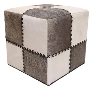 Handmade Cowhide Leather Patchwork Ottoman Pouf With Cross Stitch Detail 18x18x18 In