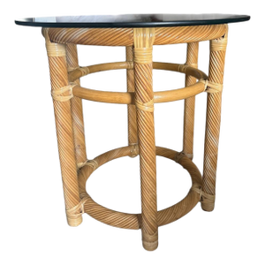 Vintage McGuire Style Palm Beach Regency Coastal Wrapped Rattan Natural Bamboo Glass Top Accent Side Coffee Table