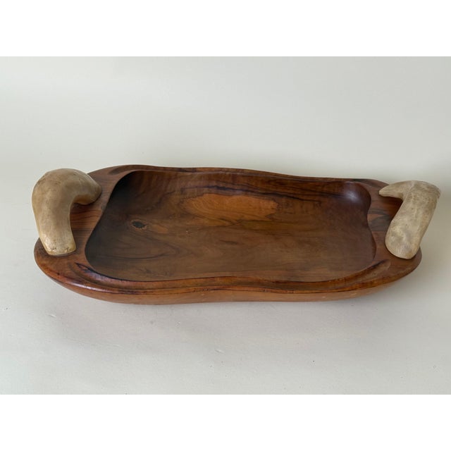Spanish Olive Wood Centerpiece Bowl with Cow Horn Handles, 1960s For Sale - Image 4 of 15