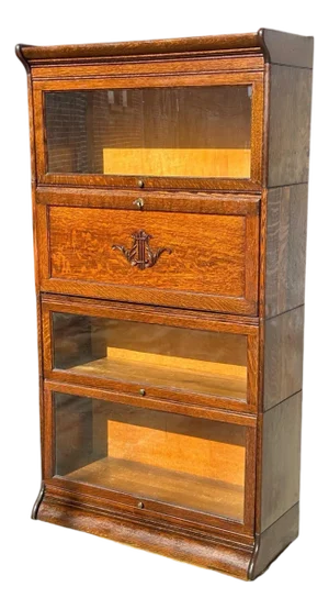 Antique Arts & Crafts Four Section Tiger Oak Lyre Carved Barrister Bookcase