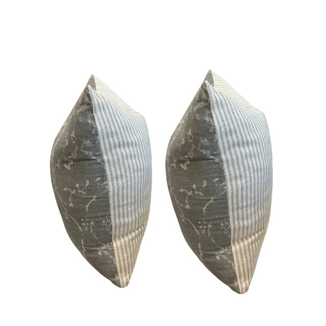 2020s Pair of Custom Rh Two-Sided Decorative Pillows in Soft Gray Floral & Neutral Stripe For Sale - Image 5 of 7