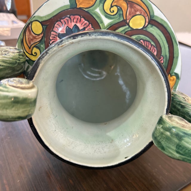 Green Large Vintage Spanish Talavera Polychrome Ceramic Face Handled Urn For Sale - Image 8 of 9