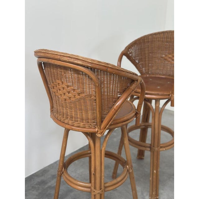 Swivel Rattan Bar Stools, France, 1970s, Set of 2 For Sale - Image 6 of 13
