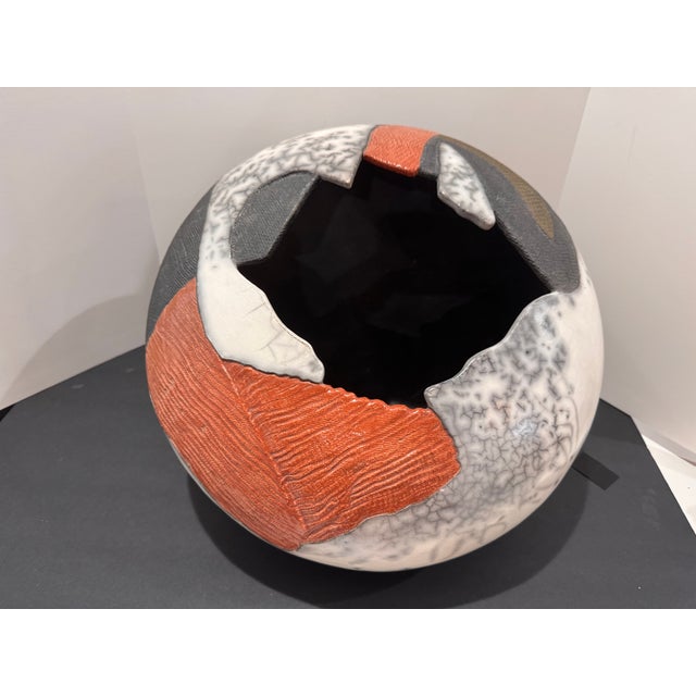 Large Sculptural Studio Pottery Vessel / Pod Form White Crackle Raku-Style Glaze, Textured Panels For Sale - Image 17 of 17