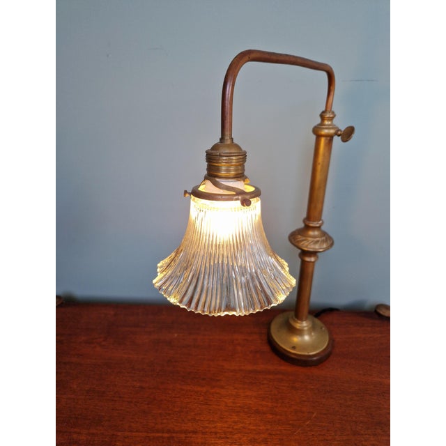 Large Brass, Wood, and Clear Fluted Glass Desk Lamp, 1930s For Sale - Image 6 of 16