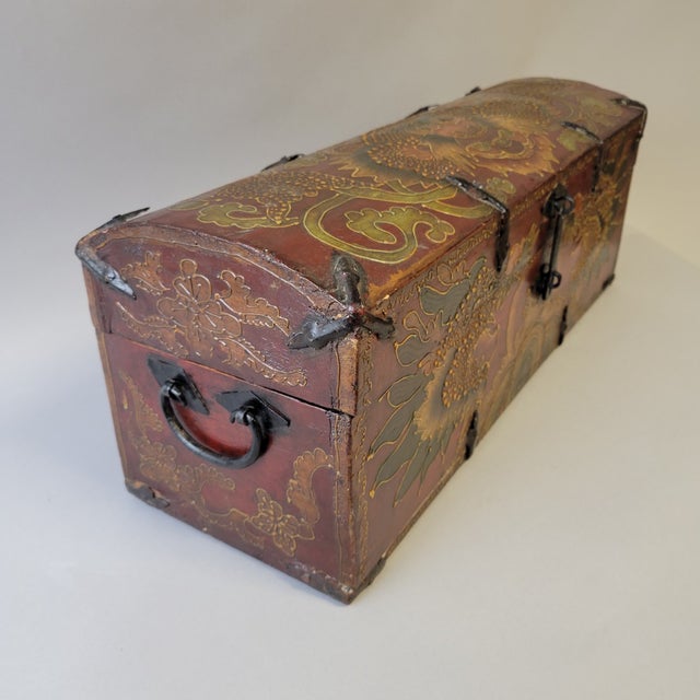 Mid 20th Century Tibetan Manuscript Box— Hand-Painted, With Red Lacquer & Iron Straps— Mid-20th Century For Sale - Image 5 of 8