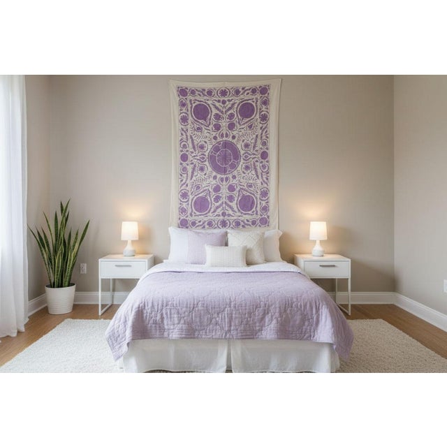 Lavender Pomegranate Hand-Embroidered Suzani Throw For Sale - Image 9 of 9