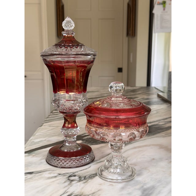Vintage Westmoreland Ruby Red Flash Meets Tiffin Franciscan Thumbprint Lidded Lusterware - A Pair For Sale - Image 9 of 9