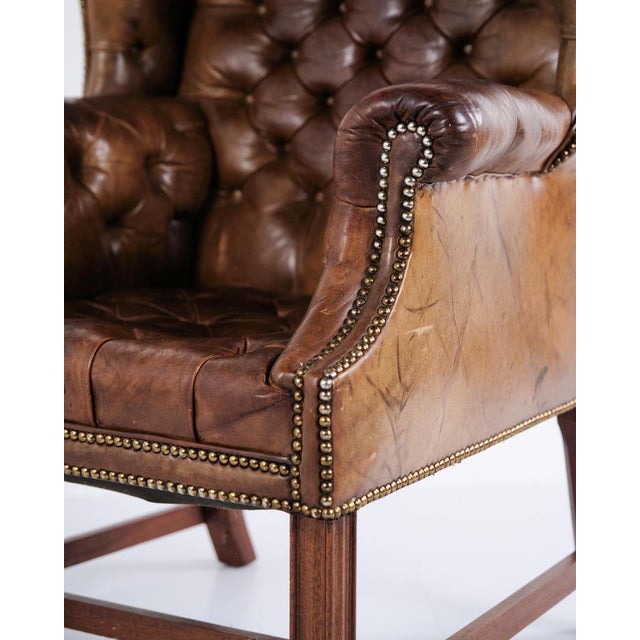 Set of George III Style Wingback Armchair and Ottoman in Brown Leather, 1890s For Sale - Image 11 of 15