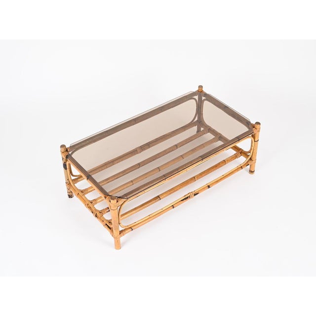 Large Italian Rectangular Coffee Table in Bamboo, Wicker and Smoked Glass, 1970s For Sale - Image 15 of 17