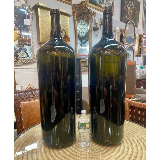 Large Vintage Demijohn Style Dark Green Blown Glass Wine Bottle, a Pair For Sale - Image 10 of 11