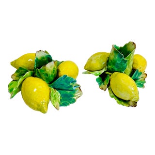 Antique Pair of Figural Lemon Pottery Candlesticks Made in Italy For Sale
