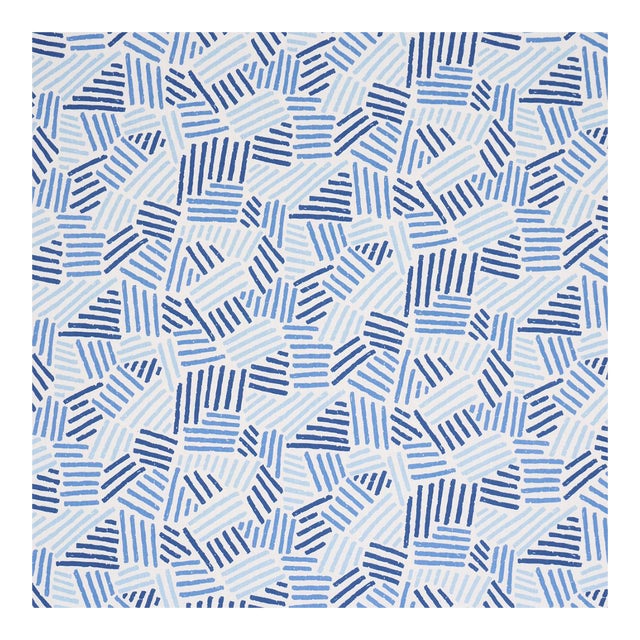 Schumacher Hatchmark Hand Print Fabric in Blues For Sale