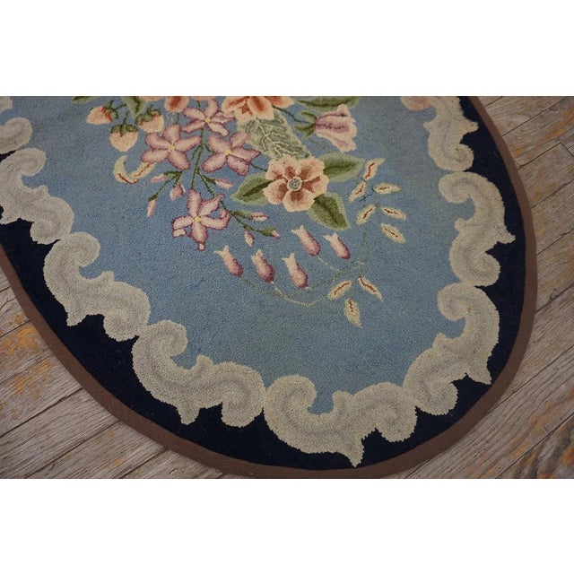 Vintage Mid Century Floral Light Blue Folk Art American Hooked Oval Rug For Sale In New York - Image 6 of 6
