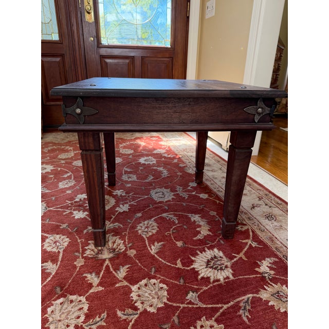 Late 20th Century Rustic Dark Wooden Side Table With Spanish Style Metal Corner Brackets For Sale - Image 4 of 7