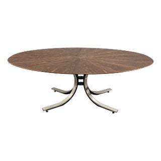 Vintage 70s Osvaldo Borsani Oval Dining Table Walnut Starburst Top & Chrome Base For Sale