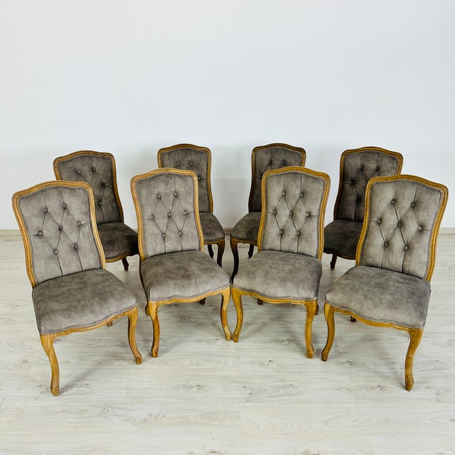 Dimensions: H 39” x W 19.3” x D 20” x SH 20.3”. Set of 8 Vintage French Louis XV style dining chairs, newly upholstered in...
