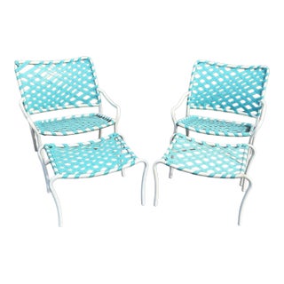 Vintage Tropitone Turquoise and White Woven Strap Patio Chairs and Ottomans — Set of 4 For Sale