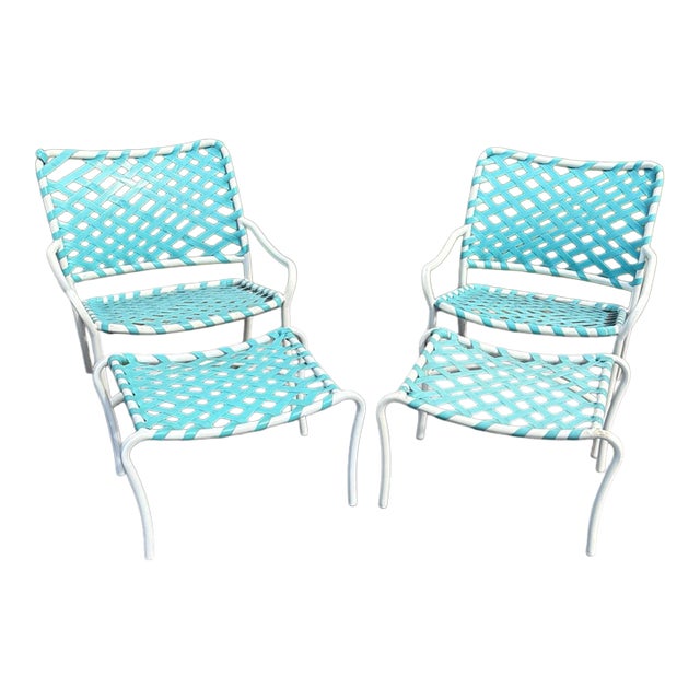 Vintage Tropitone Turquoise and White Woven Strap Patio Chairs and Ottomans — Set of 4 For Sale