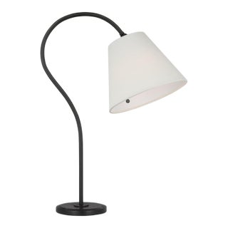 Amber Lewis by Visual Comfort Signature Dume 24" Arched Table Lamp in Aged Iron with Linen Shade For Sale