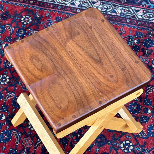 Artisan Made Shaped Walnut & Maple Wooden Folding Seat or Bench For Sale - Image 4 of 12