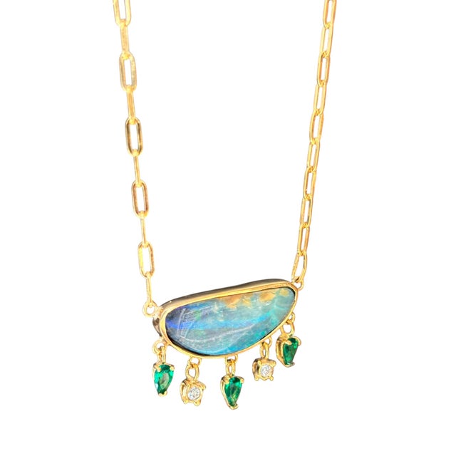 Modern 14k Gold Australian Opal Necklace With Emeralds & Diamonds For Sale - Image 3 of 12
