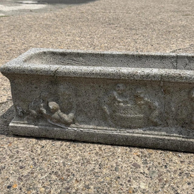 Sculpture Materials Vintage Neoclassical Style Concrete Cherub 36" Long Garden Planter Pots - A Pair For Sale - Image 7 of 18