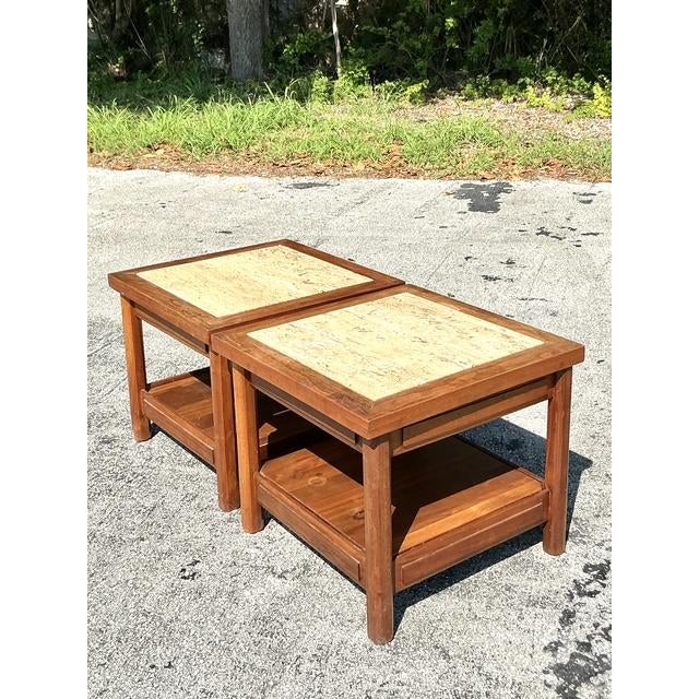 Brown Pair of Vintage Boho Teak Side Tables With Inset Travertine For Sale - Image 8 of 9