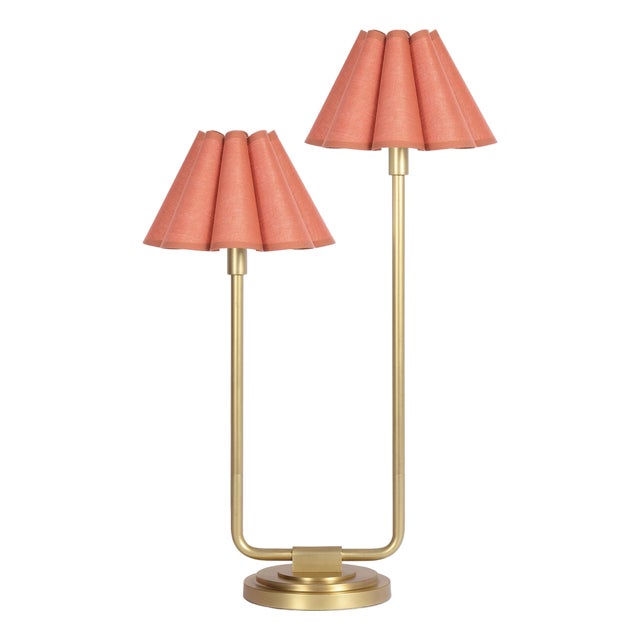 Polly Double Arm Table Lamp, Natural Brass with Wild Poppy Scalloped Shade For Sale
