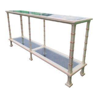 Vintage Palm Beach Regency Faux Bamboo Off White Peach Pink Trim Glass Top Shelf Console Table For Sale