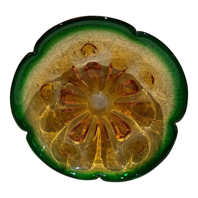 1950s Italian Art Glass Green Murano Bowl Mid Century Modern Seguso Sommerso Era For Sale