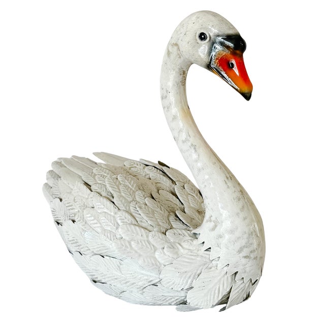 Late 20th Century Late 20th Century Shabby Chic White Distressed Sheet Metal Swan Sculptures - A Pair For Sale - Image 5 of 17