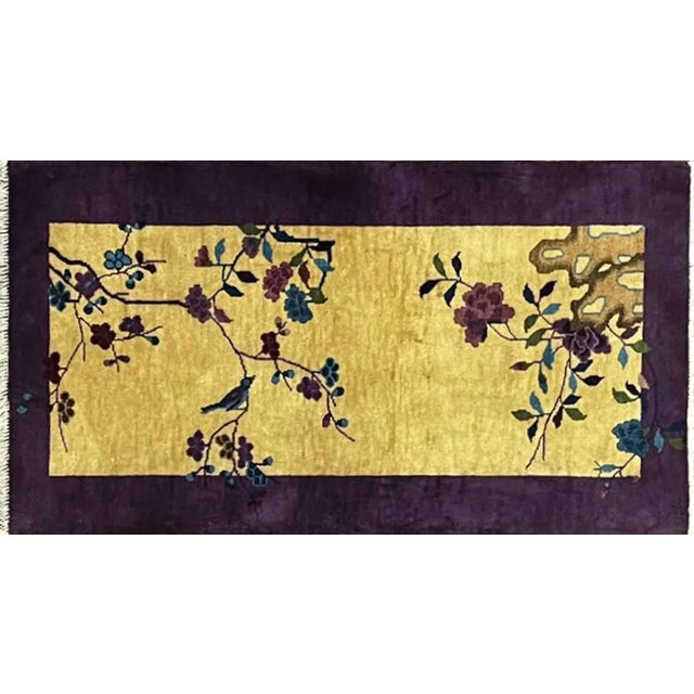 Antique Art Deco Chinese Rug, 2'6" x 4'8", c-1920, curious Bird. Handwoven with natural dyed of soft wool pile, in gold...