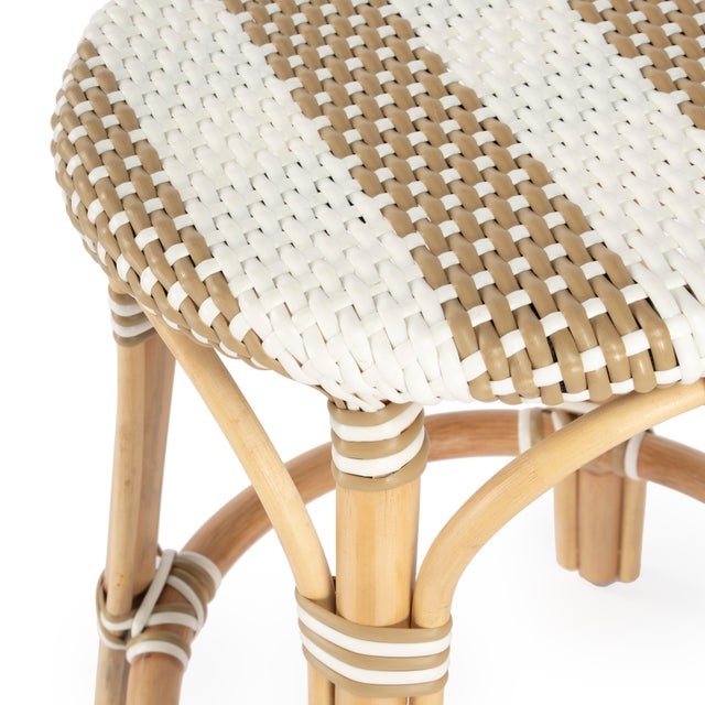 Tobias 24 in. Seat Height Round Rattan Backless Counter Stool, Tan/White Stripe/ Natural Rattan Frame For Sale In Chicago - Image 6 of 8