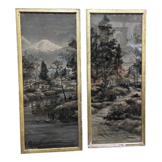 Early 20th Century Japanese Hand Painted Mountain Motif on Fabric For Sale