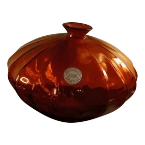 1960s San Miguel by Vidrios Recycled Persimmon Wide Ribbed Squat Vase, Made in Spain