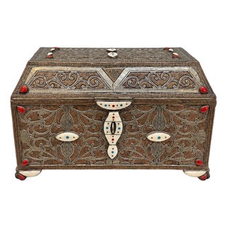 XL Vintage Moroccan Silver and Copper Repousse Box With Bone, Coral and Turquoise Stone Inlay For Sale