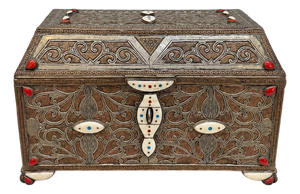 XL Vintage Moroccan Silver and Copper Repousse Box With Bone, Coral and Turquoise Stone Inlay