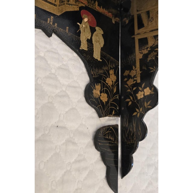 Late 19th Century 19th Century Chinoiserie Black Lacquer Wall Pocket and Paper Divider Ensemble For Sale - Image 5 of 12