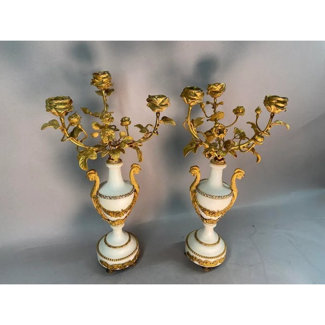 19thC French Louis XVI White Marble Bronze Candelabras - Pair For Sale - Image 12 of 17